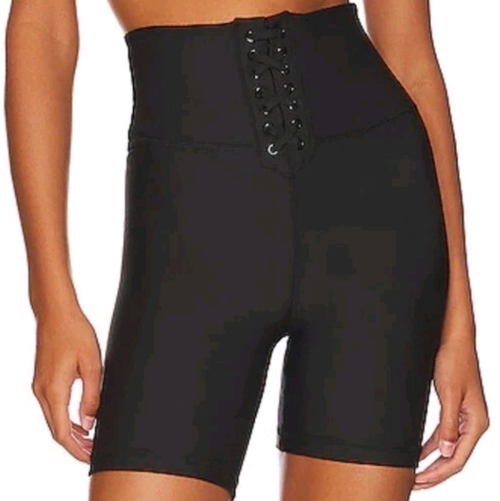 WE WORE WHAT black lace up high waist stretch biker workout shorts XS